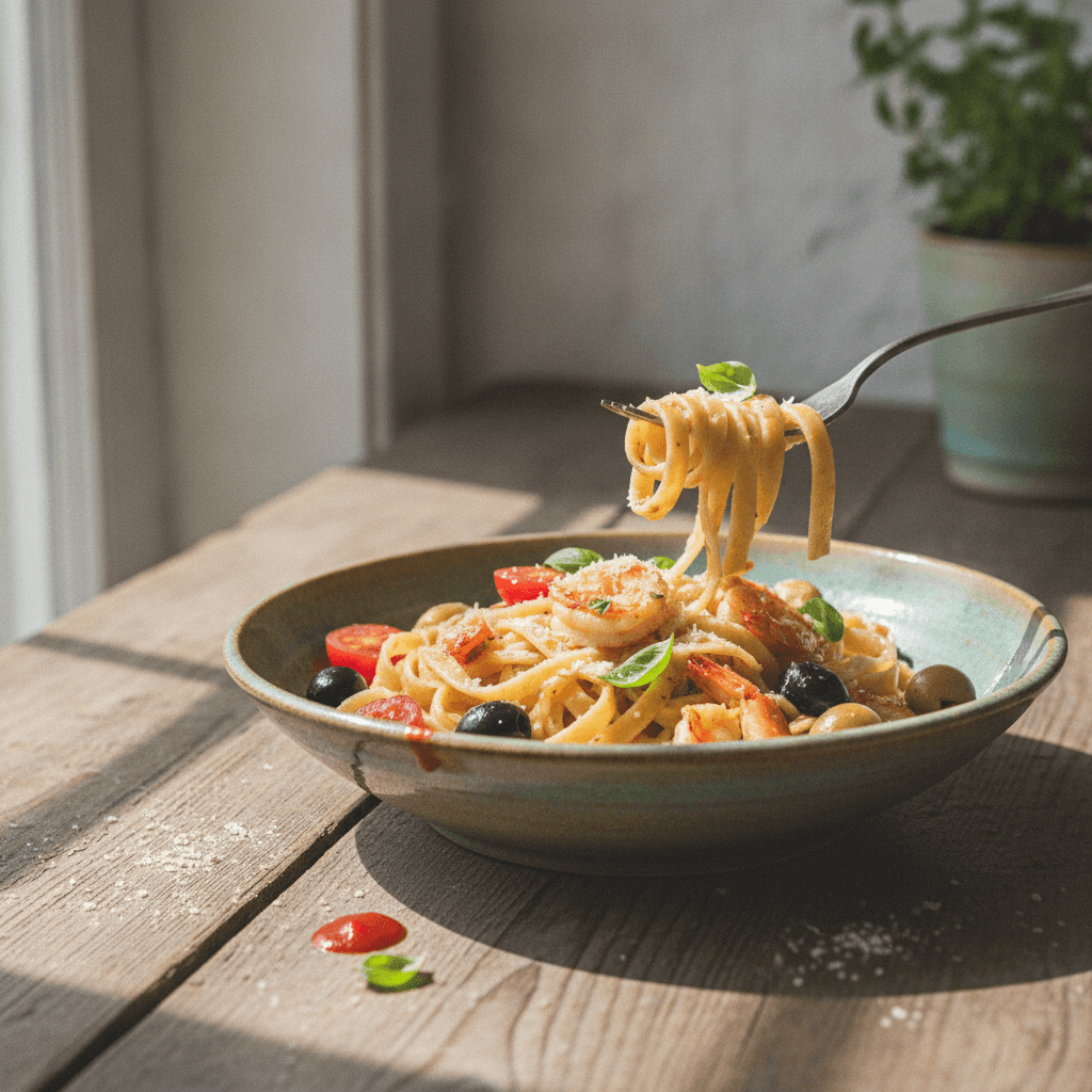 Nudeln mit Crevetten und Oliven