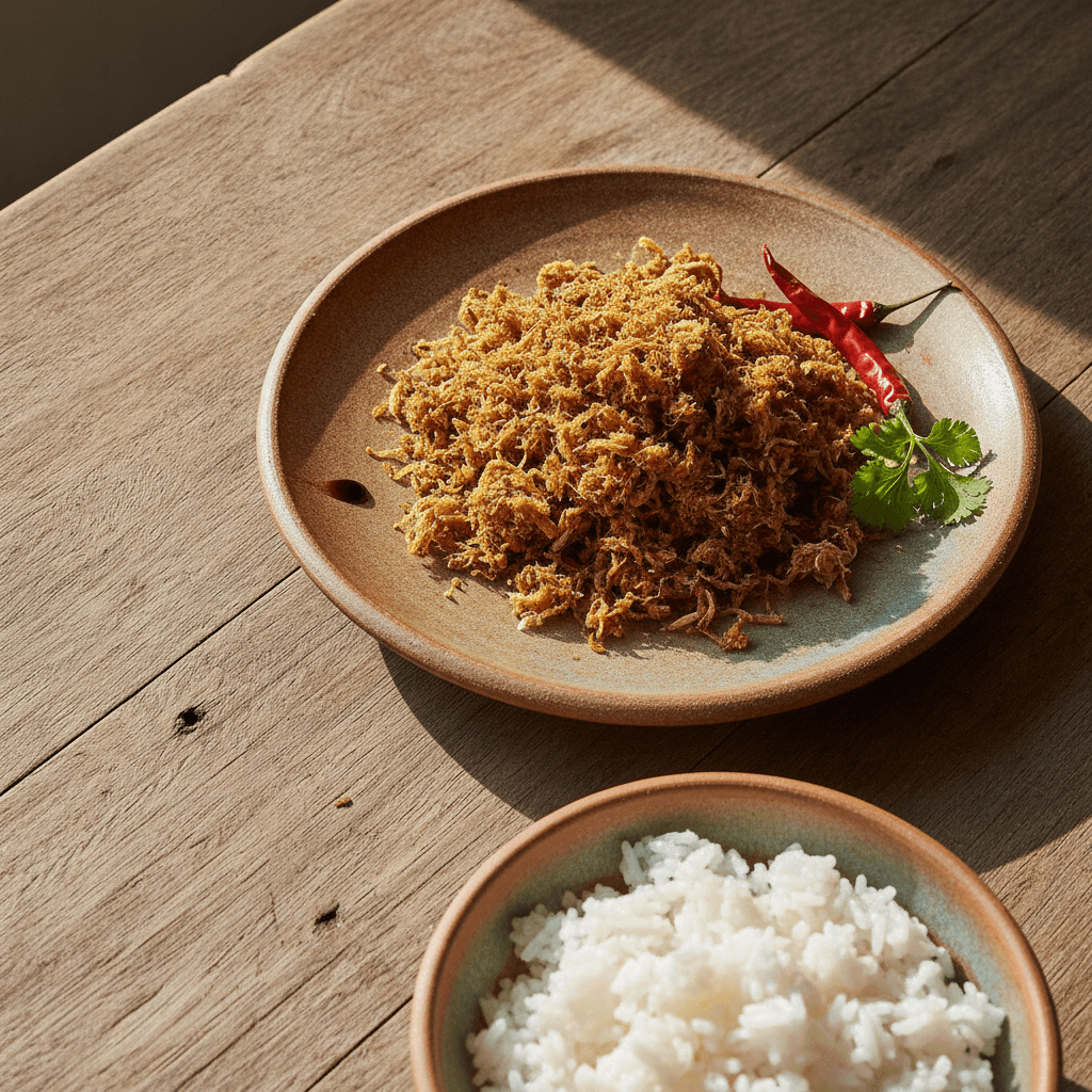 Abon Ikan Asin – Würziges Stockfisch-Würzfleisch