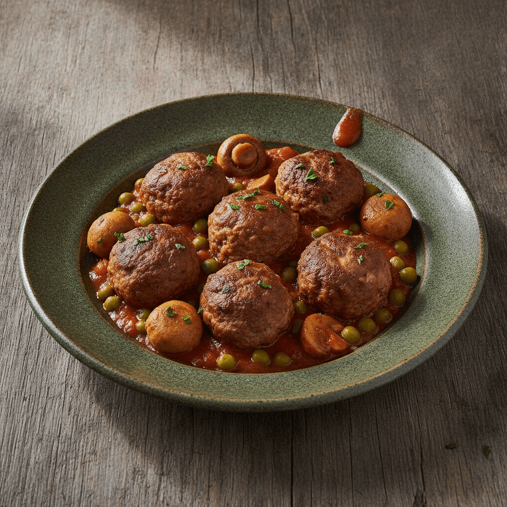 Albóndigas mit Champignons und Erbsen
