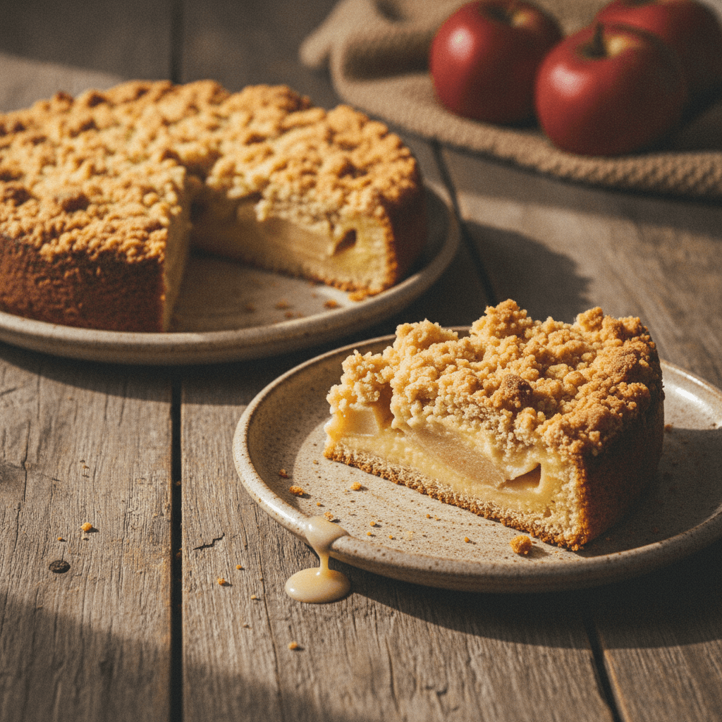 Apfelkuchen mit Pudding und Streuseln