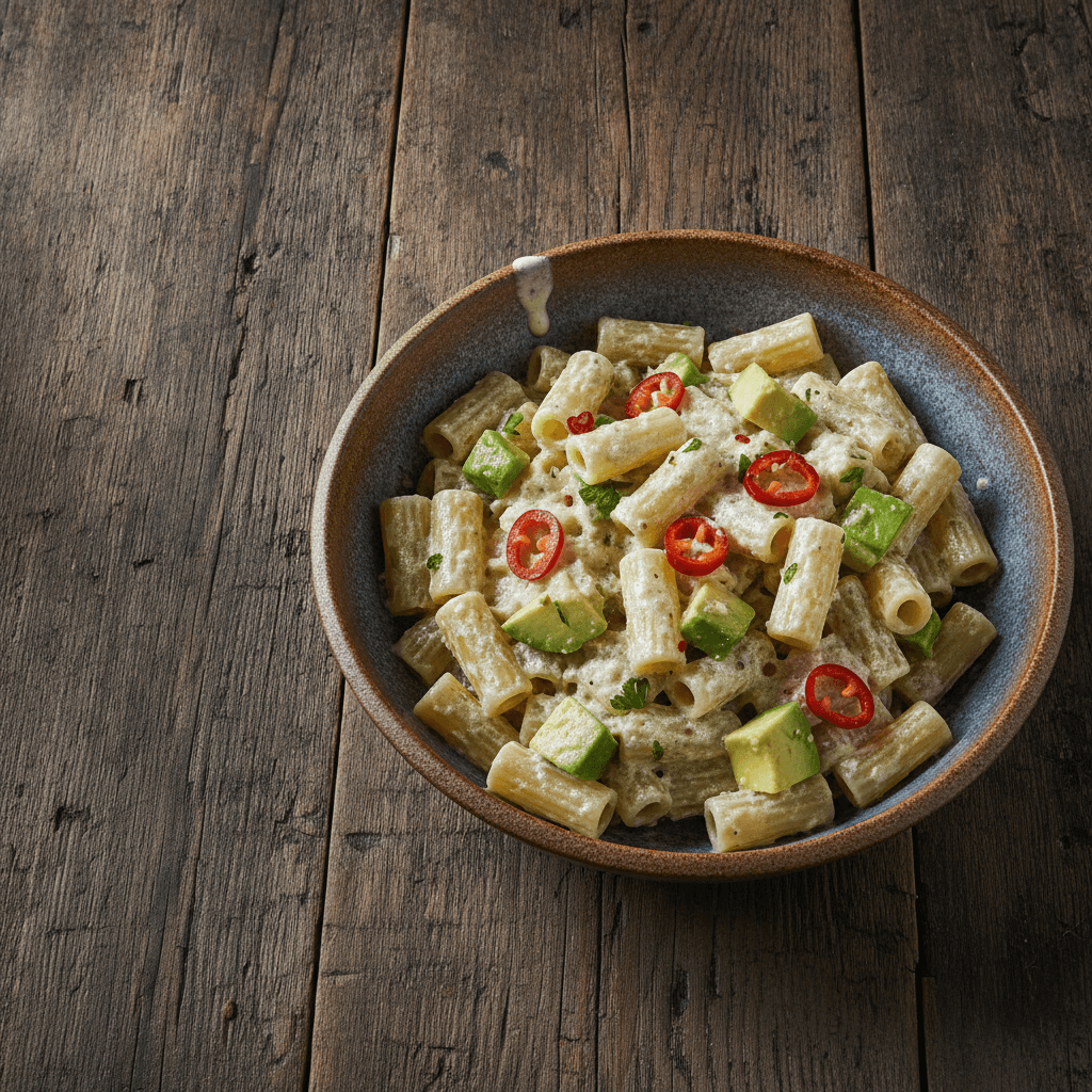 Cremige Nudelpfanne mit Chili und Avocado