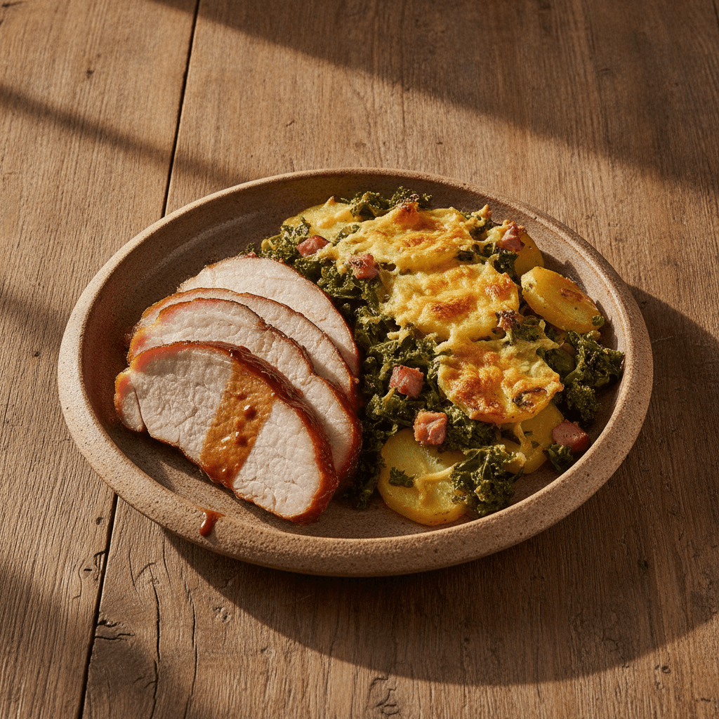 Deftiges Kasseler mit gratiniertem Grünkohl-Kartoffel-Gratin