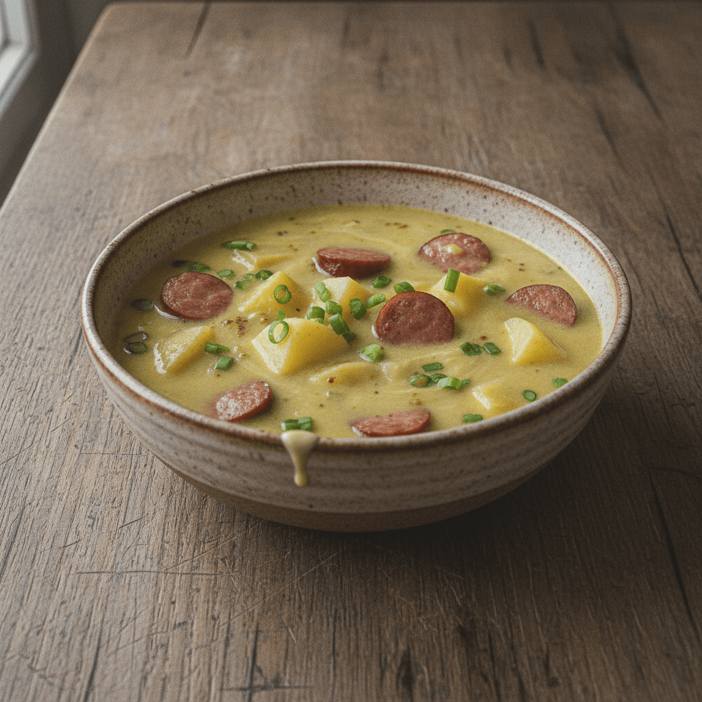 Herzhafte Kartoffelsuppe mit Senf und Cabanossi