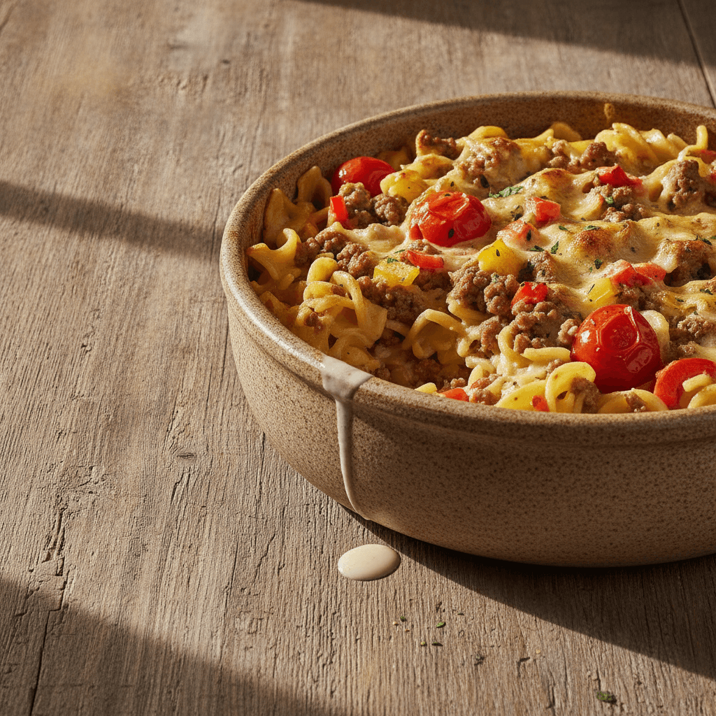 Herzhafter Nudelauflauf mit Tomaten und Paprika