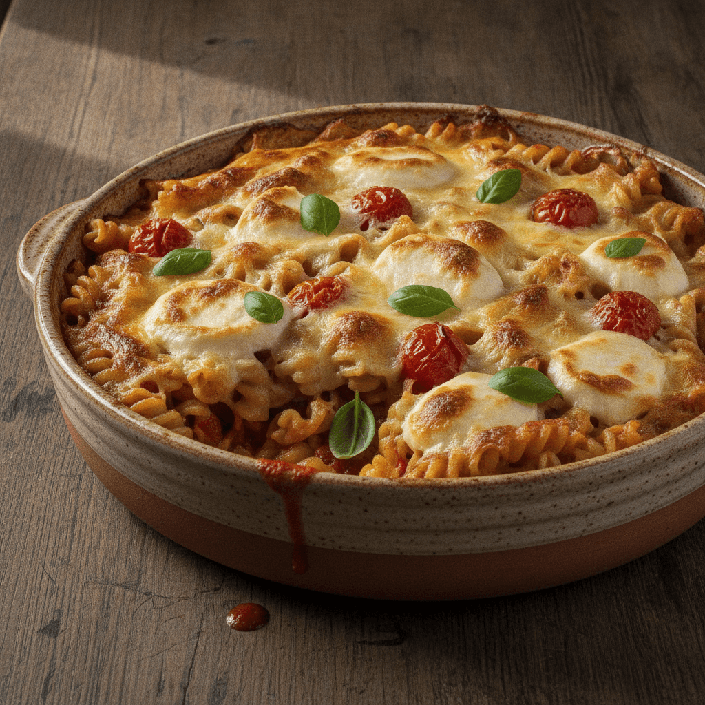 Nudelauflauf mit Tomaten und Mozzarella