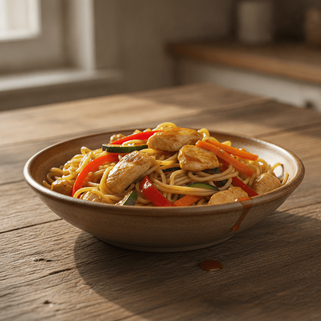 Nudeln mit Huhn süß-sauer