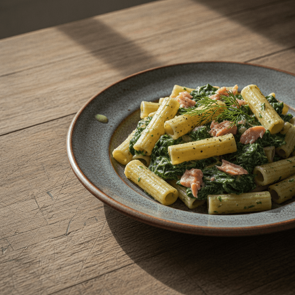 Nudeln mit Spinat und Lachs